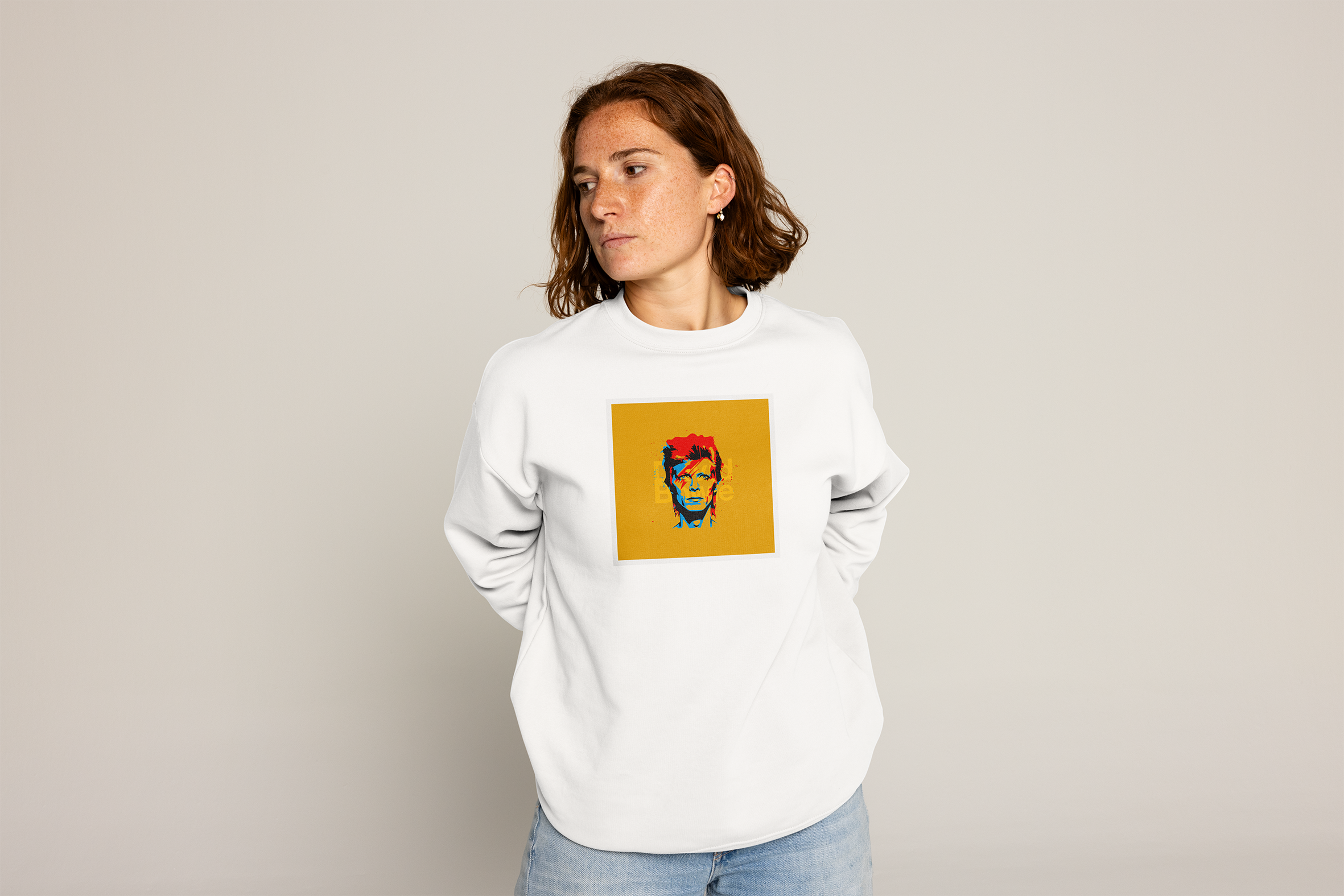 Bowie on white sweatshirt woman mockup.png