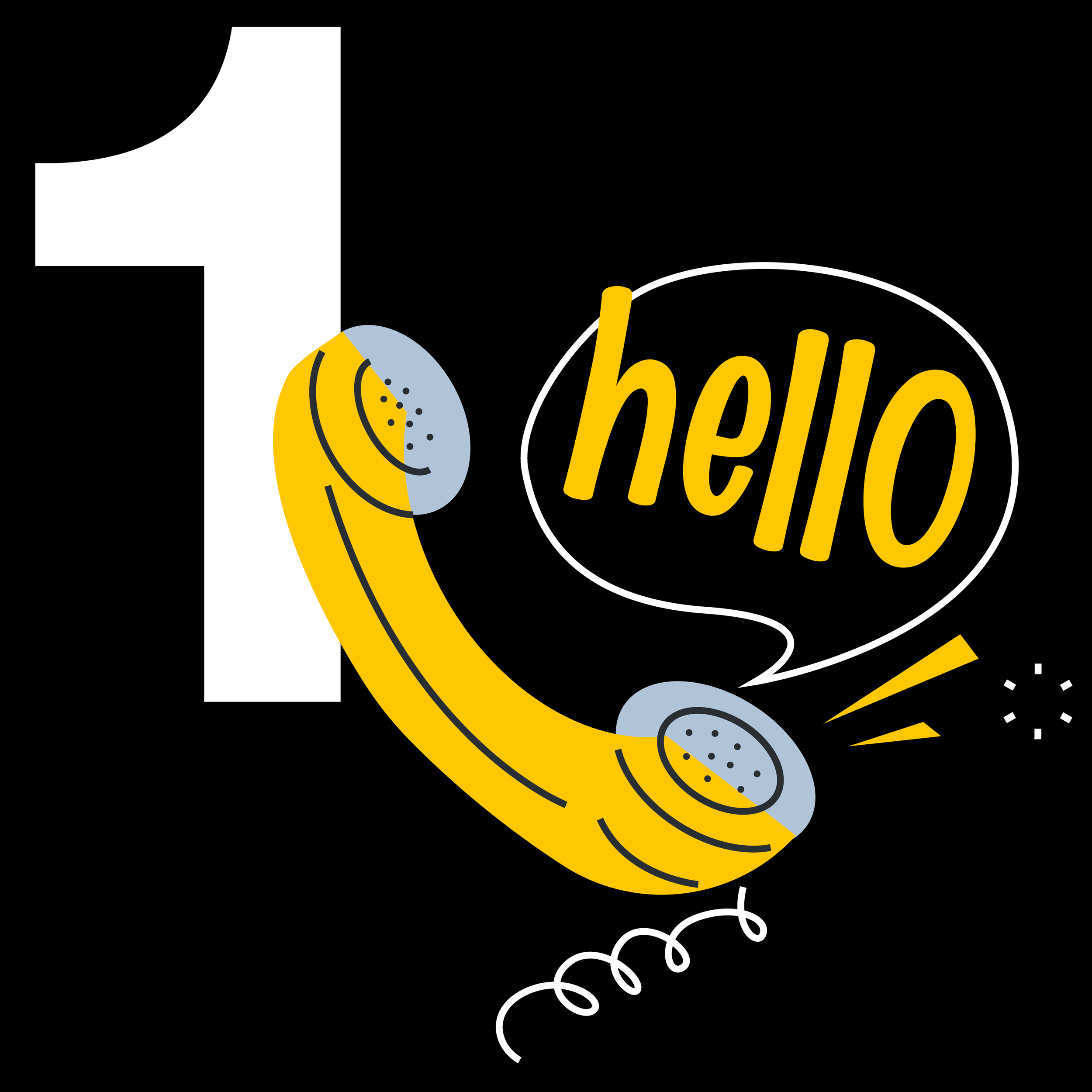An illustration of a yellow telephone with the word 'hello' in a speech bubble, next to a large white number '1' on a black background.