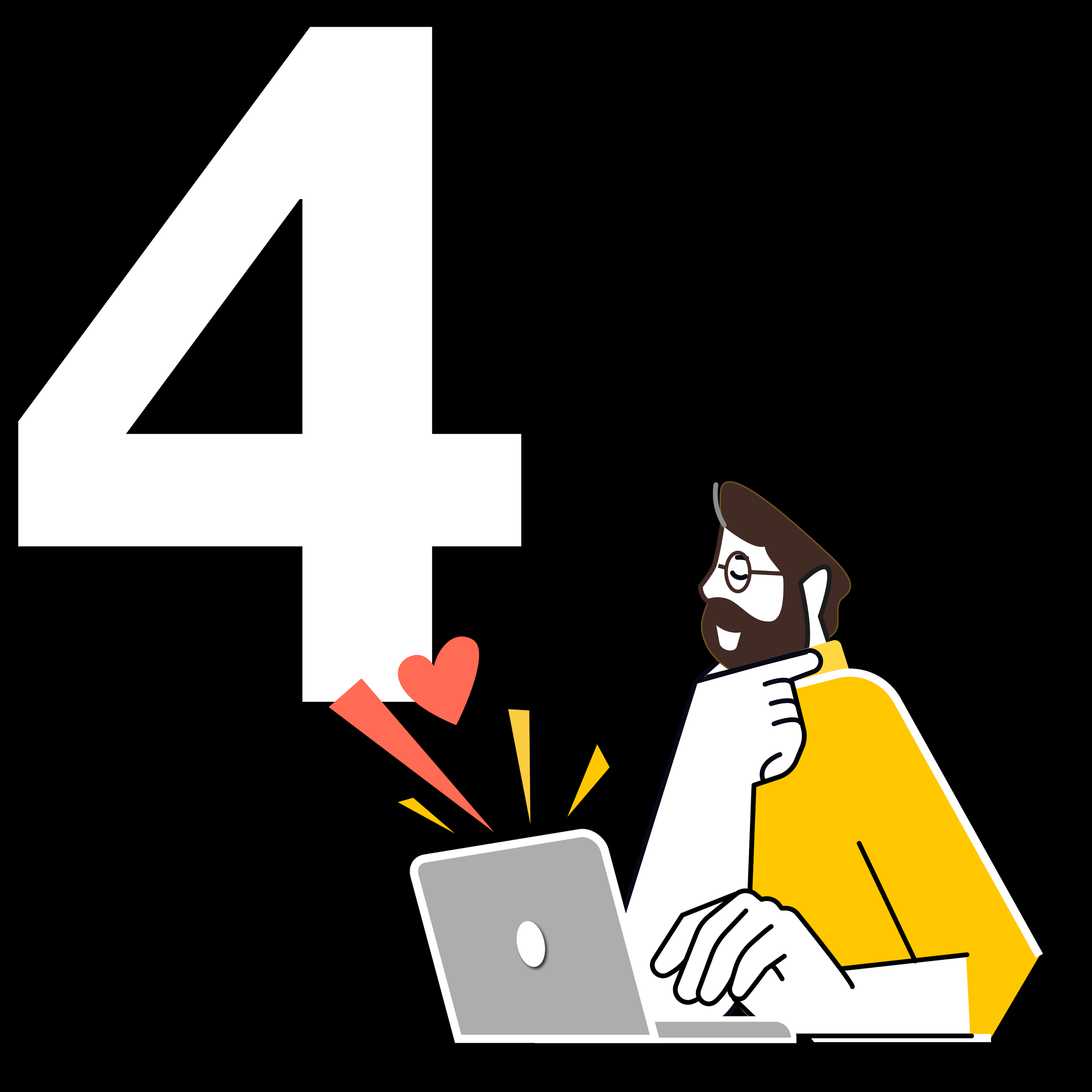 Illustration of a man with glasses and a beard using a laptop, with a large number 4 and a heart icon near the laptop.