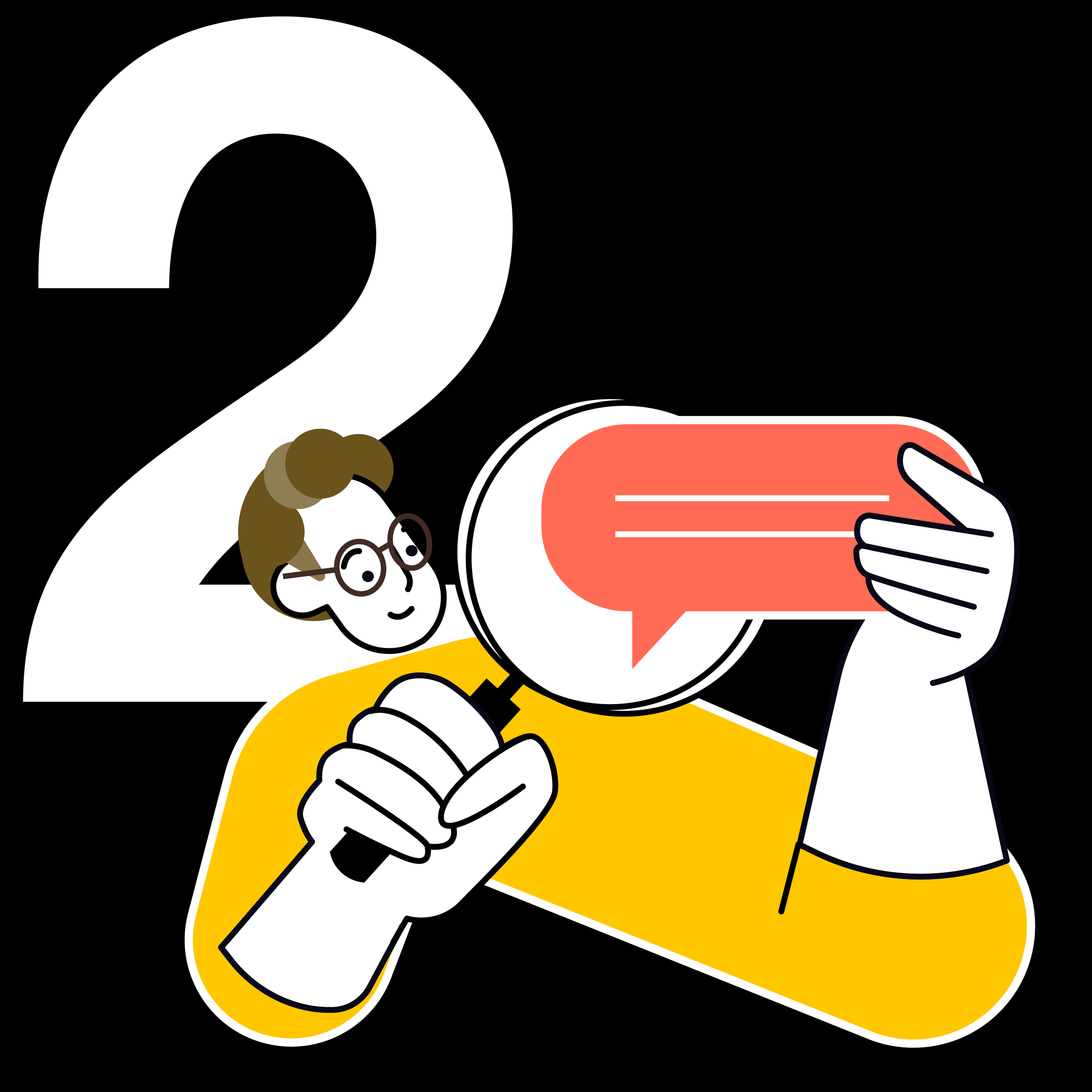 Illustration of a person with glasses holding a magnifying glass, looking at a speech bubble, with the large number two in the background.