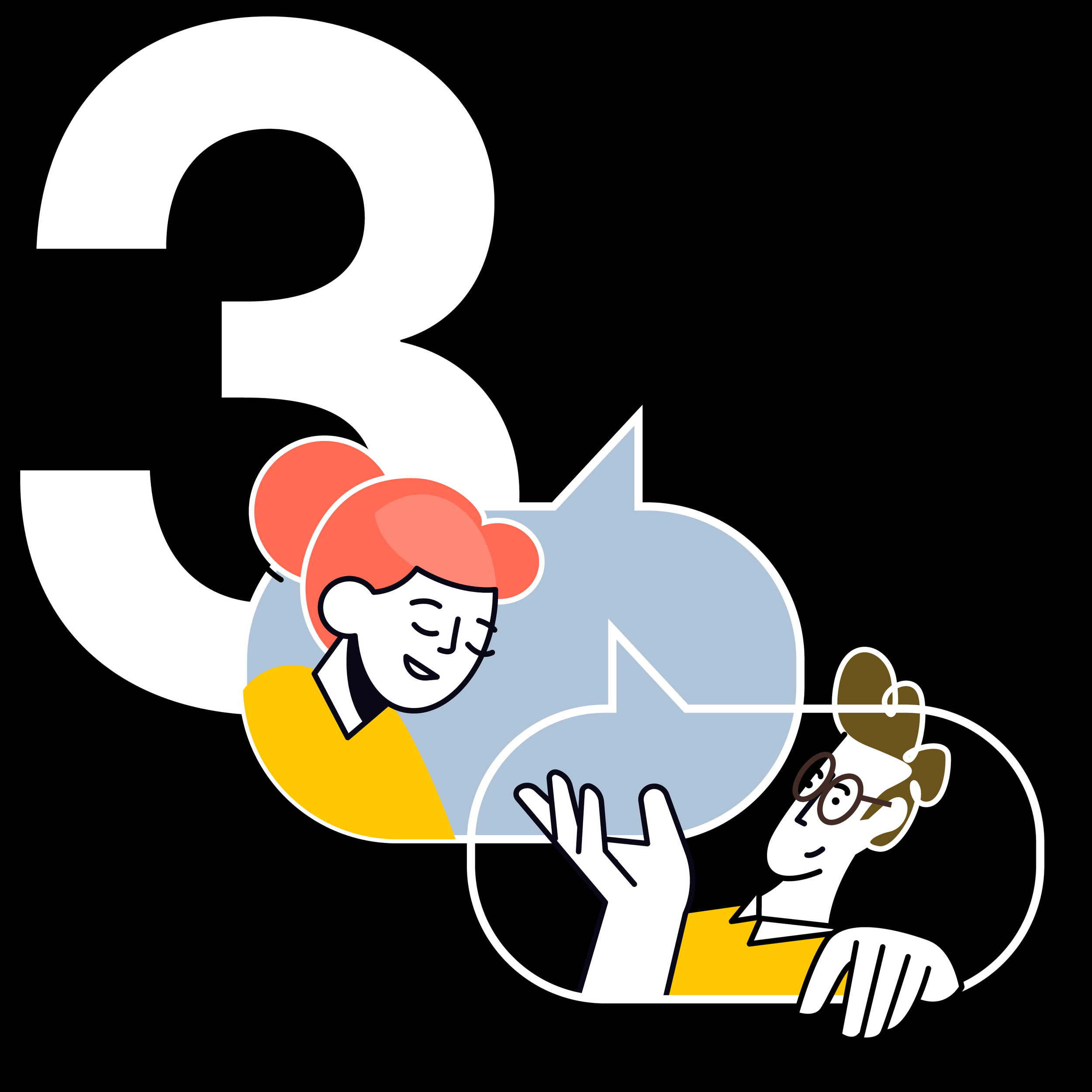 Illustration of two women with speech bubbles and the number three in the background. One woman has red hair and the other has glasses and hair tied up.