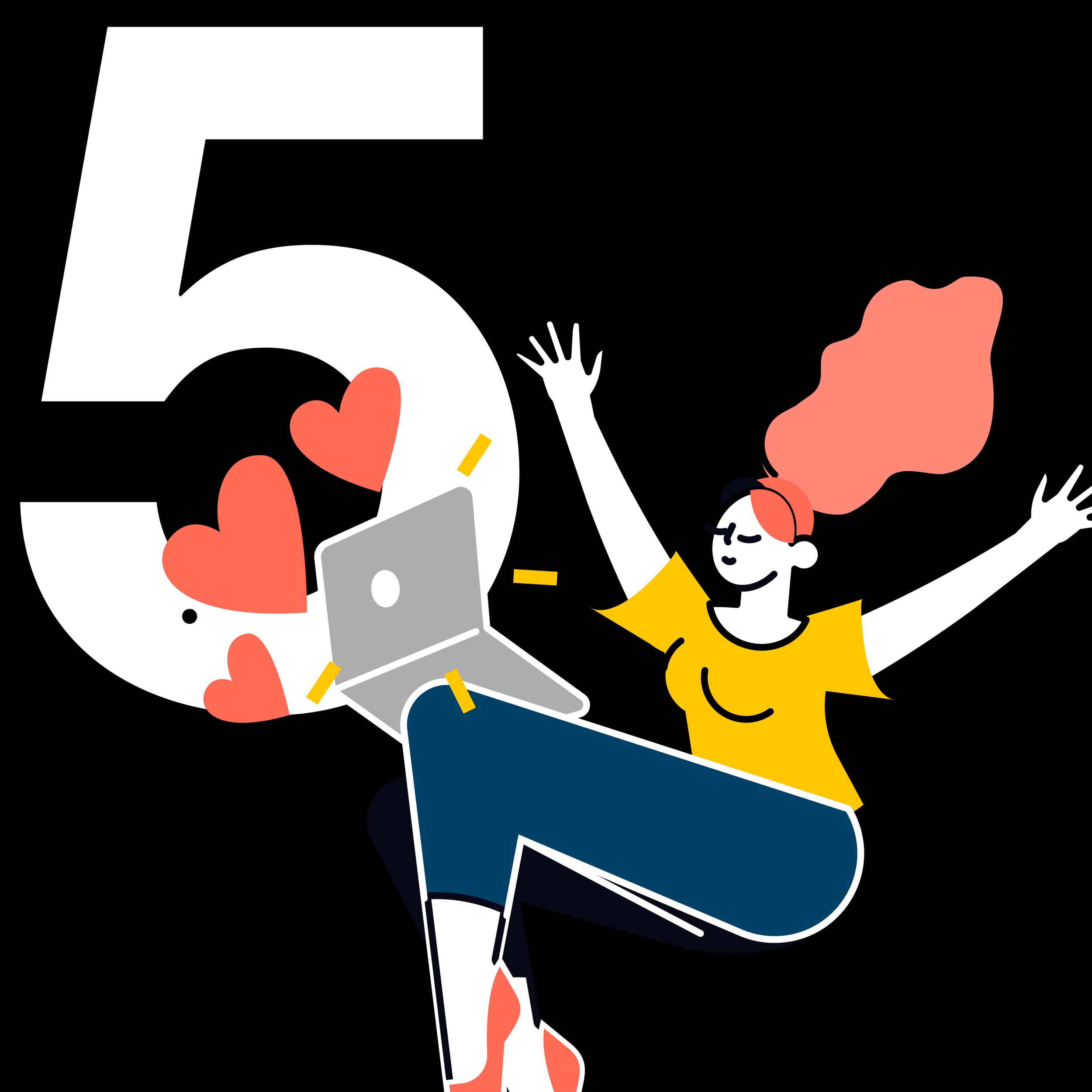 An illustration celebrating a 5th anniversary, with a large number 5 and a woman with pink hair, yellow shirt, and dark blue pants, joyfully jumping with arms raised, next to a laptop and hearts.