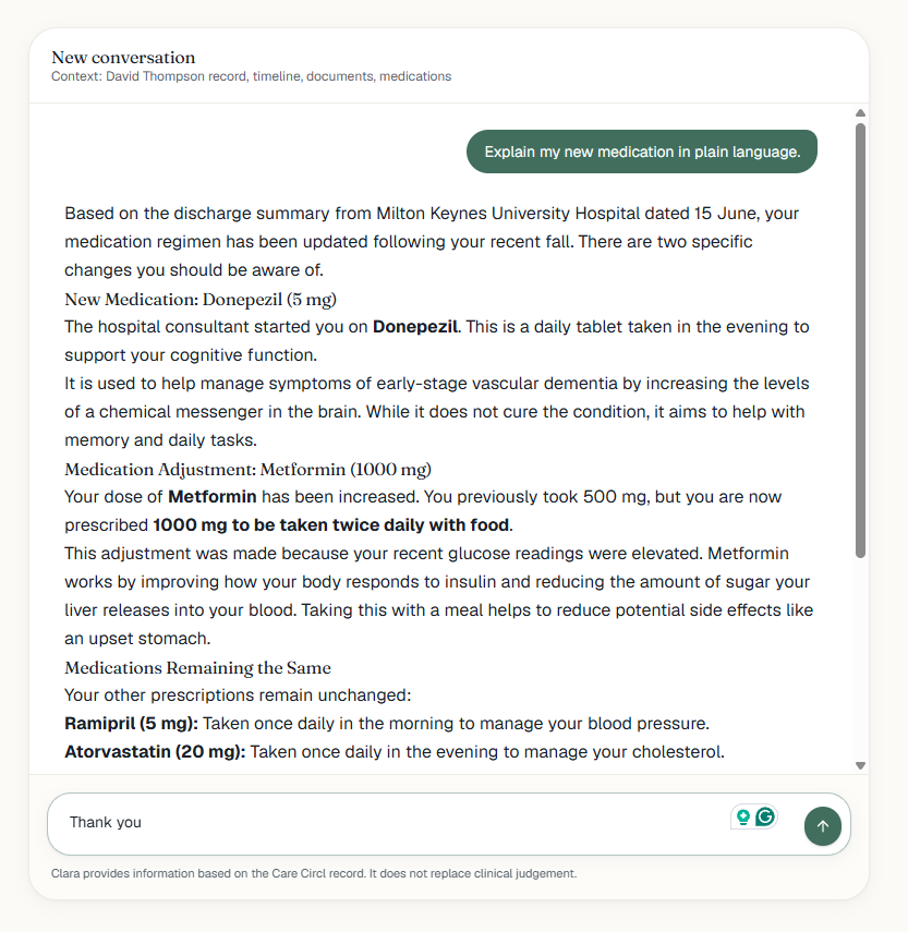 Screen shot of a digital medical record report with patient medication details, including instructions for Donepezil and Metformin, and other prescriptions like Ramipril and Atorvastatin.
