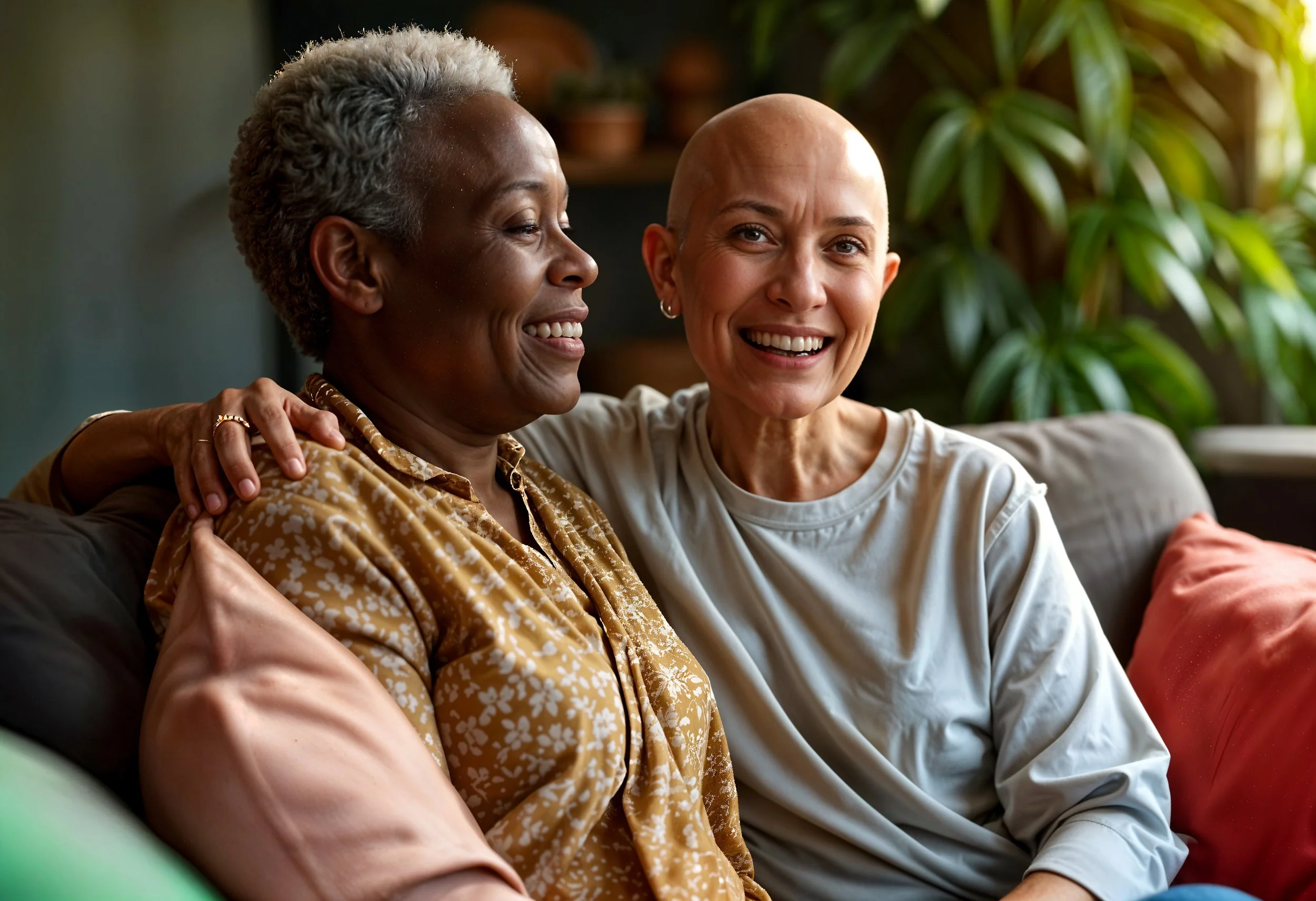 Two women are sitting close together on a couch, smiling and enjoying each other's company. The woman on the left has short, curly gray hair and darker skin, wearing a patterned brown and yellow top. The woman on the right has a shaved head, light skin, and is wearing a white shirt. They are inside a cozy, well-lit room with green plants in the background.