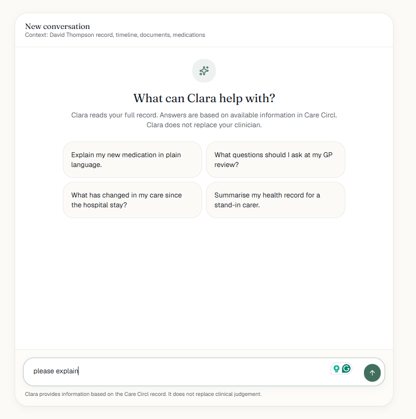 Screenshot of a healthcare app or portal with a chat window asking 'What can Clara help with?' and options to inquire about medication, care changes, health record summary, or GP questions.