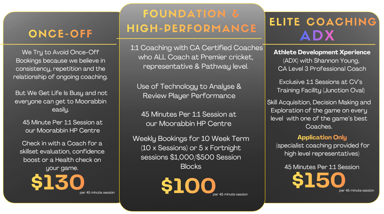 Pricing and service options for cricket coaching, including Once-Off, Foundation & High-Performance, and Elite Coaching ADX, with descriptions and prices.