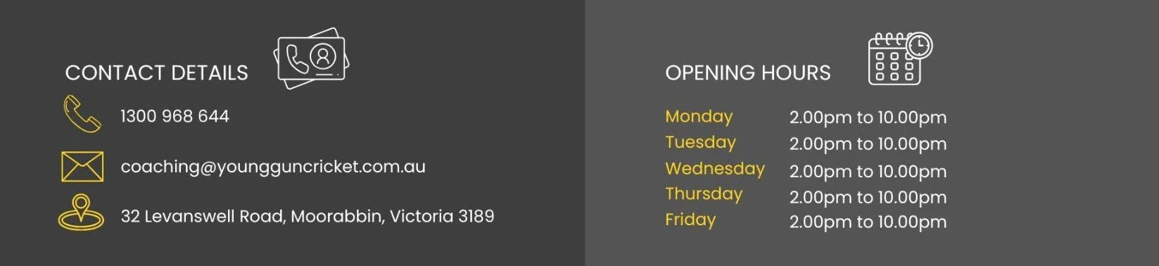 Contact details and opening hours information card. Contact details include phone number, email, and address. Opening hours specify Monday through Friday, 2:00 pm to 10:00 pm, with Thursday and Friday having the same hours as the others.