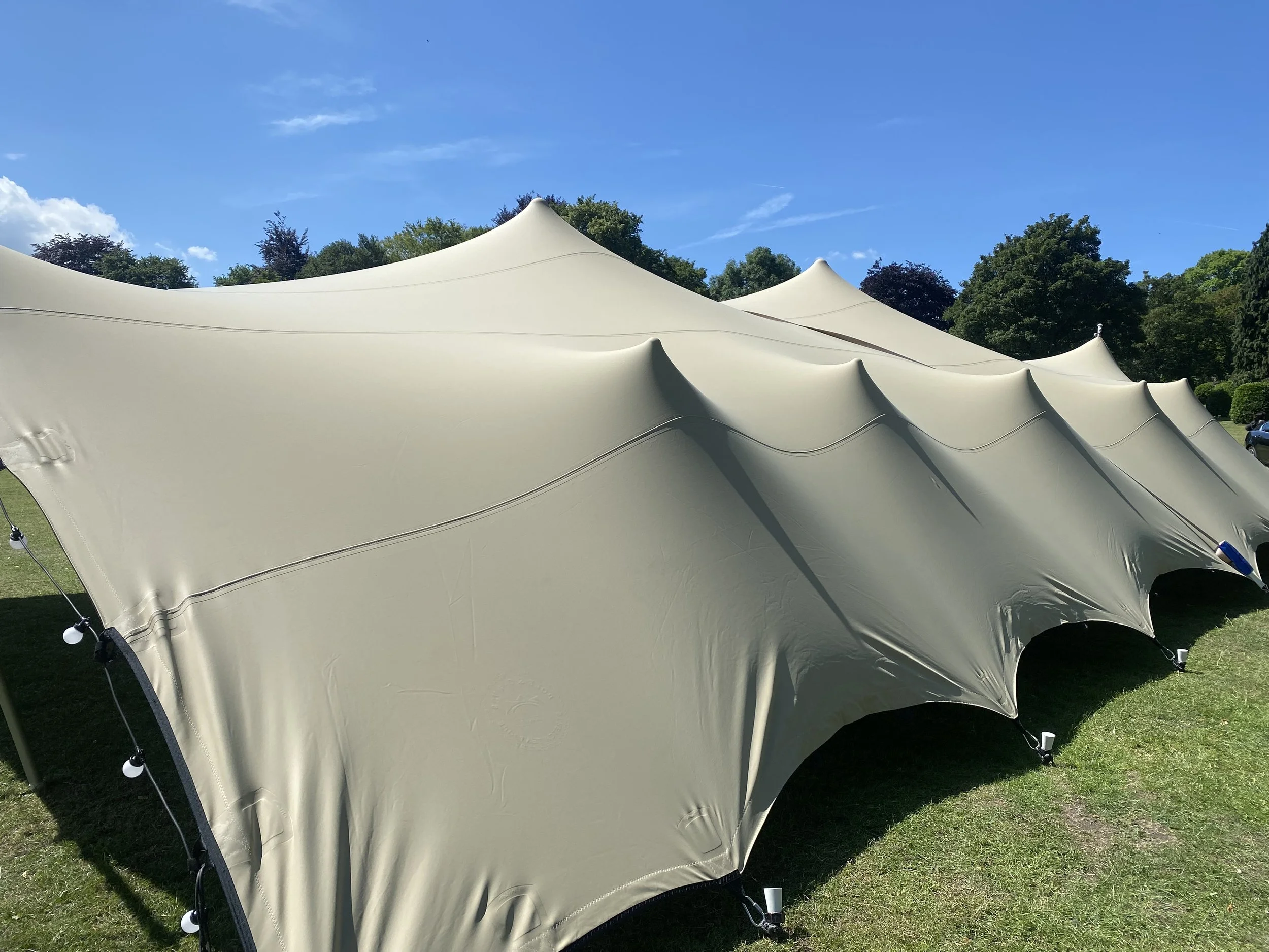 Large white event tent set up outdoors on grass with trees and blue sky in the background.