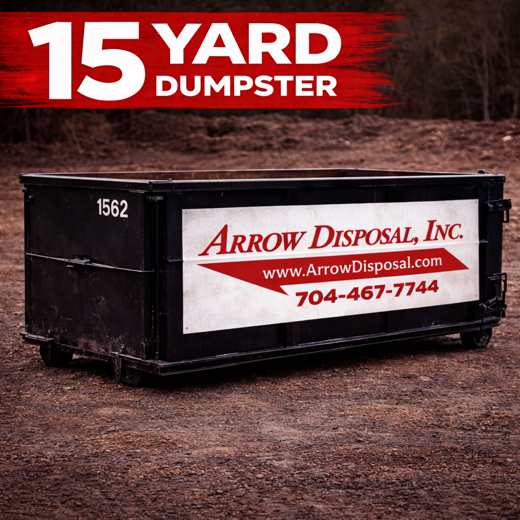 15-yard dumpster rental from Arrow Dumpster Rental, perfect for medium-sized cleanouts, renovation projects, and roofing debris. A great balance of capacity and space, with fast delivery in Charlotte and surrounding areas.