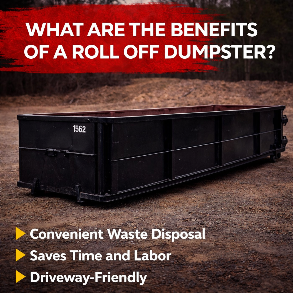 Black roll off dumpster on dirt ground with trees in background, promoting its benefits including convenient waste disposal, saving time and labor, and being driveway-friendly.