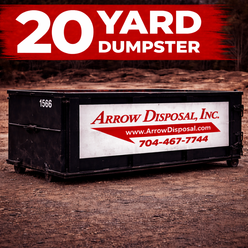 20-yard dumpster rental from Arrow Dumpster Rental, ideal for large home renovations, construction jobs, and heavy debris removal. Reliable, spacious, and delivered quickly throughout the Charlotte area for efficient waste management.