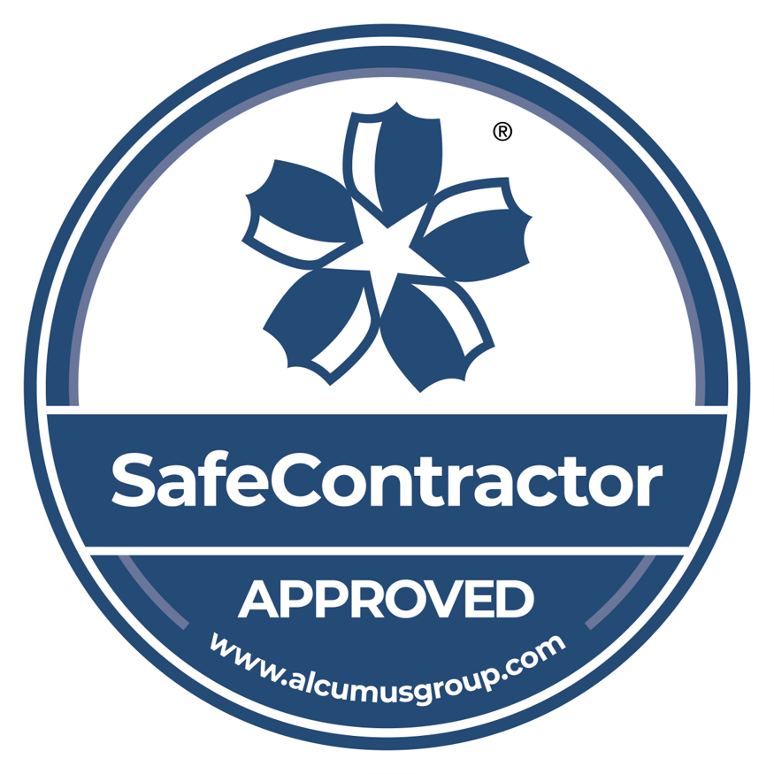 A circular badge with a blue and white color scheme. It features a stylized flower at the top and the words "SafeContractor" in bold in the middle, with "APPROVED" below it. The website www.alcumusgroup.com is at the bottom.