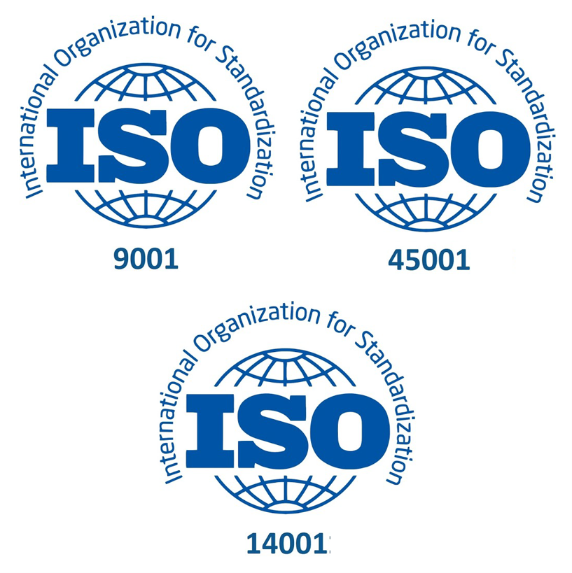 Three logos of the International Organization for Standardization (ISO) with the text 'ISO' and a globe graphic, labeled 9001, 45001, and 14001.
