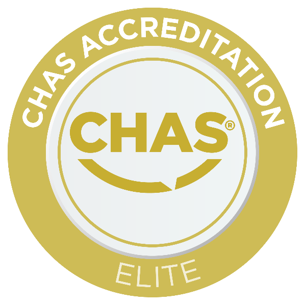 Gold and white CHAS accreditation seal with the text 'CHAS Accreditation Elite' and a circular logo in the center with the words 'CHAS' and a smile-shaped arrow underneath.