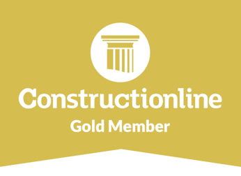 Constructionline Gold Member badge with gold and white design, featuring a pillar icon.