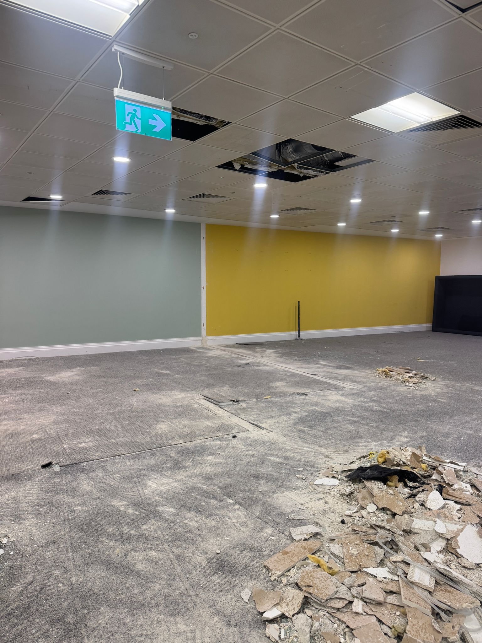 Office ceiling with missing tiles, damaged ceiling panels, and a hole in the ceiling showing ventilation ductwork.