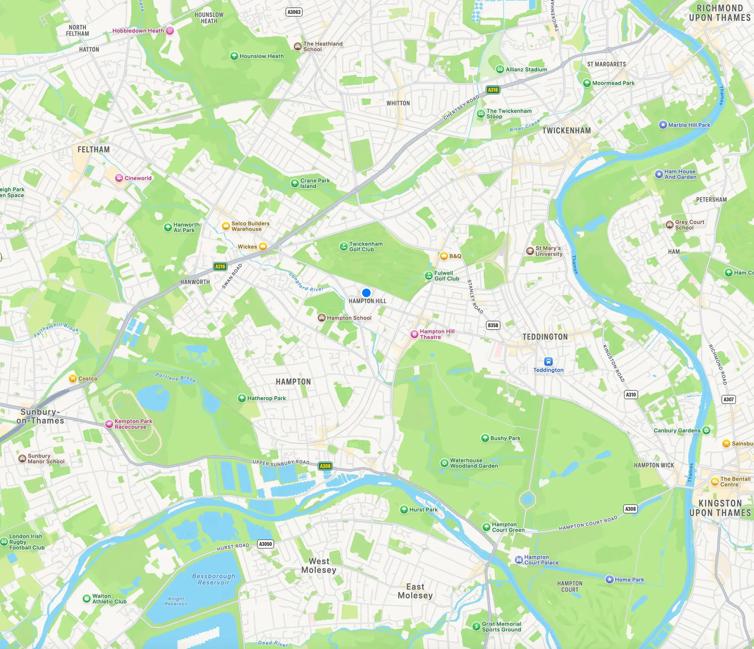 Map showing areas in and around Twickenham, London, including parks, schools, stadiums, and neighborhoods such as Richmond Upon Thames, Teddington, Hampton Wick, and Kingston Upon Thames. Key features include Twickenham Stadium, Marble Hill Park, and the River Thames.