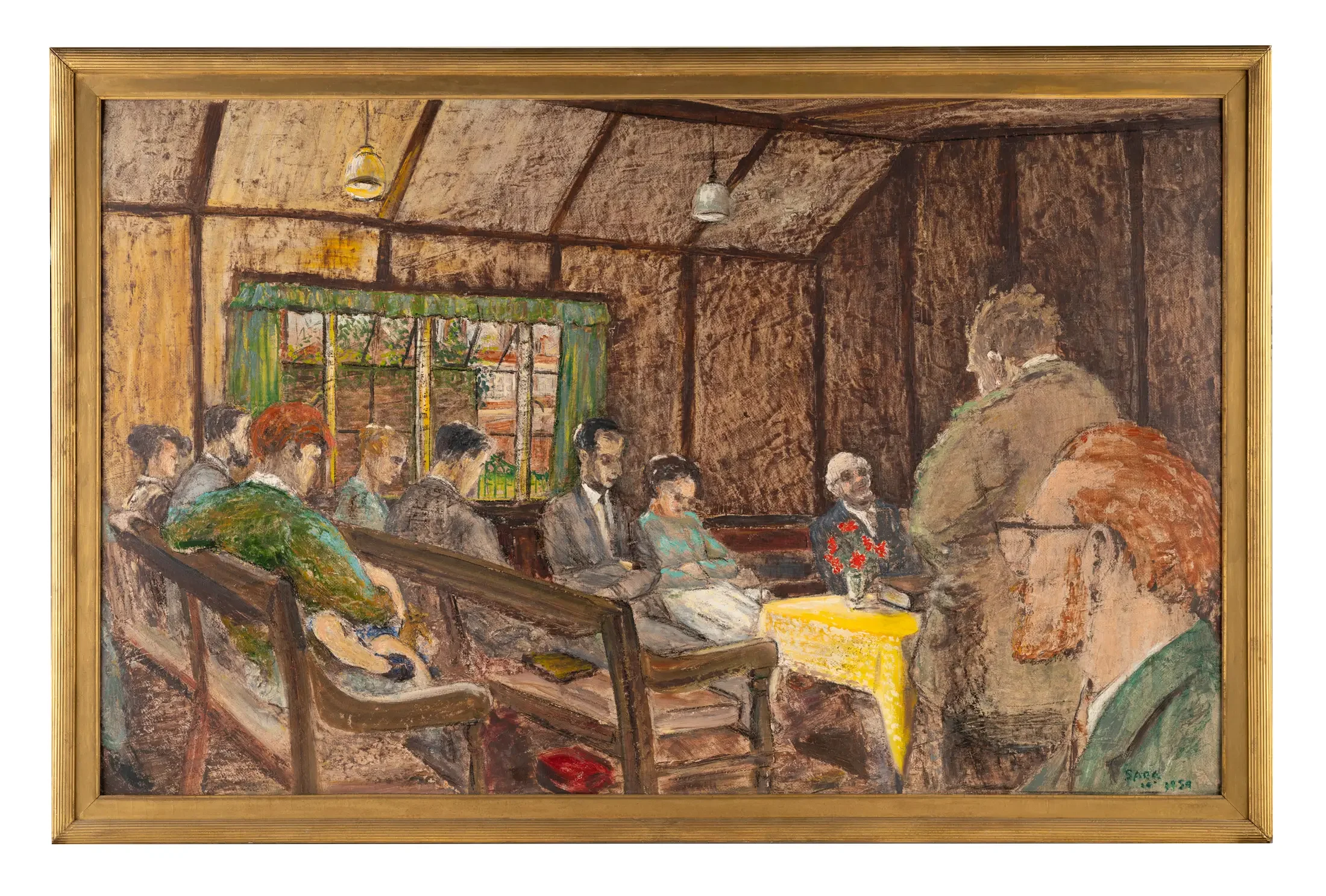 A framed painting depicting a gathering of people in a rustic room, with some sitting and listening to a person standing. The scene appears to be from the early 20th century.