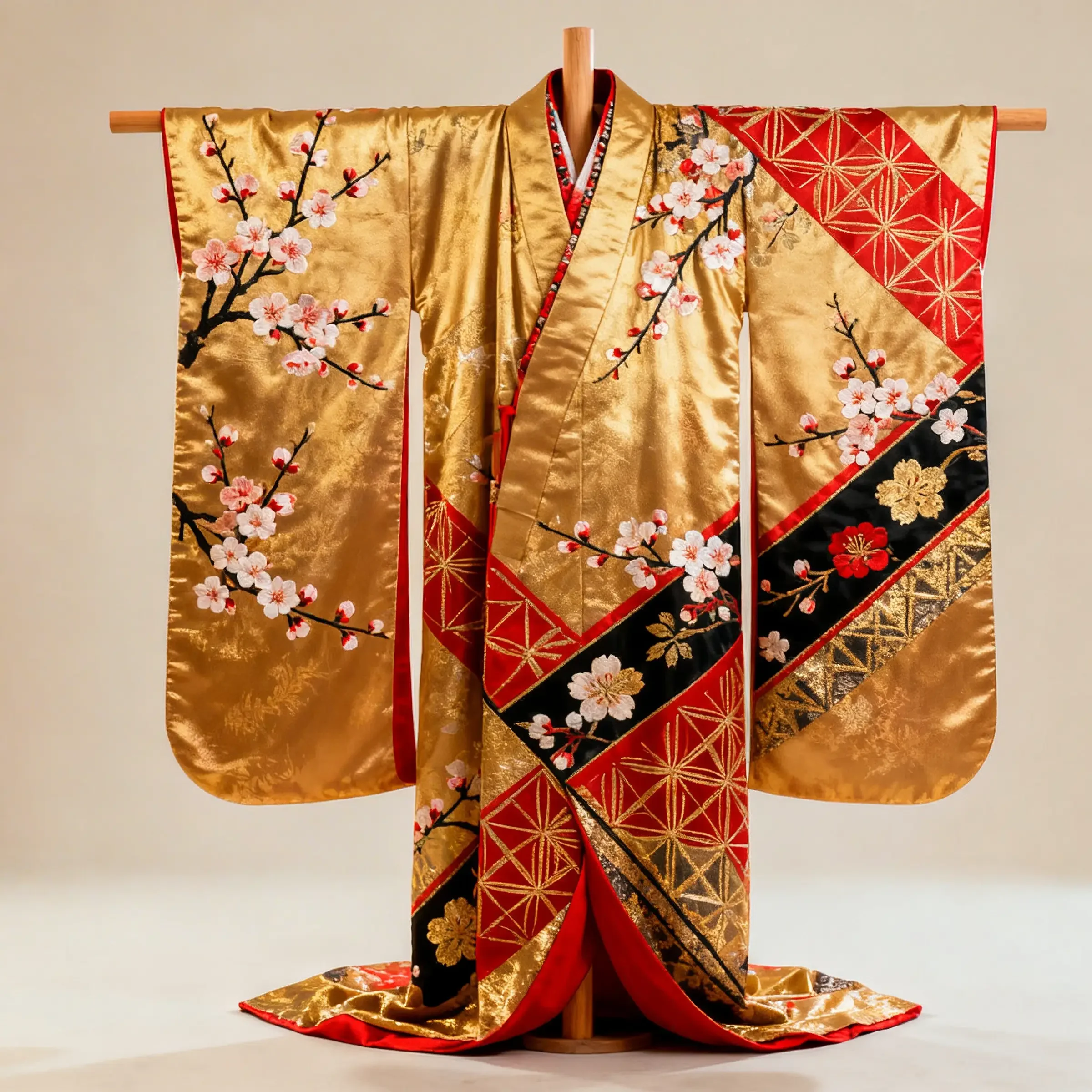 Traditional Japanese kimono with gold, red, and black colors decorated with cherry blossom patterns displayed on a wooden stand.