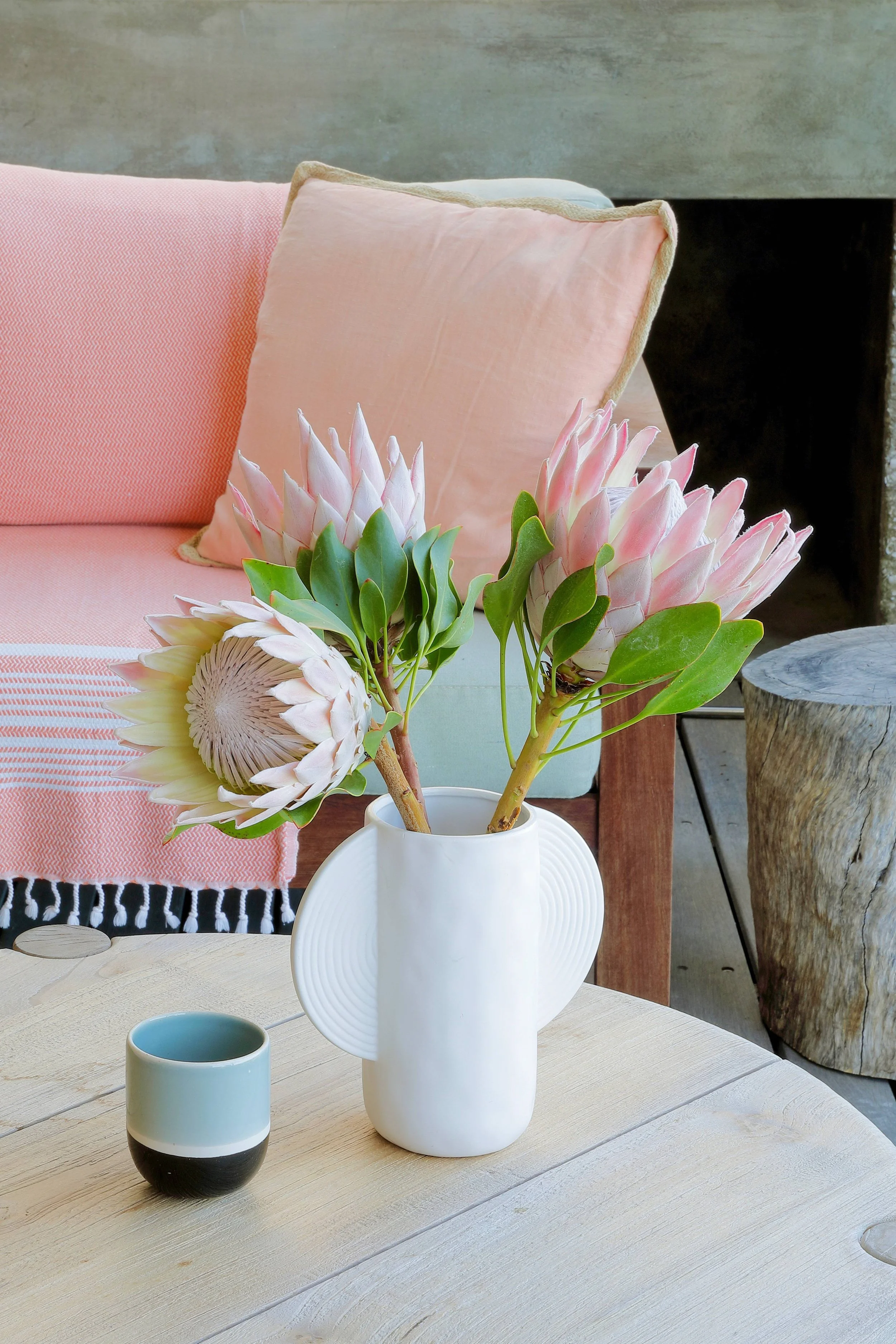 Pink protea flowers in a white vase on a light wooden table, with a pink and a pastel blue throw pillow in the background and a small cup nearby. Anja Lehne.