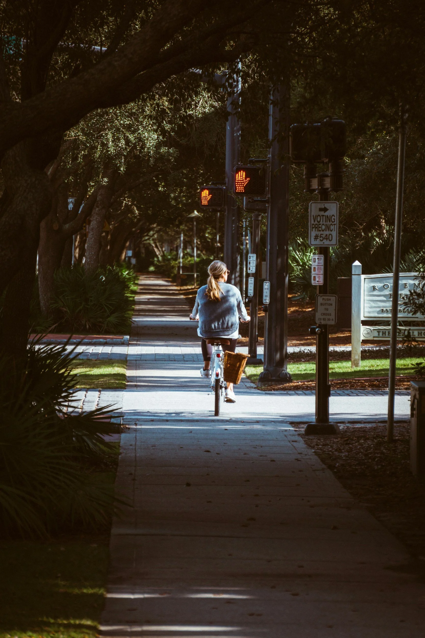 A woman riding a bicycle on a sidewalk under a canopy of trees with traffic signals and voting precinct signs nearby