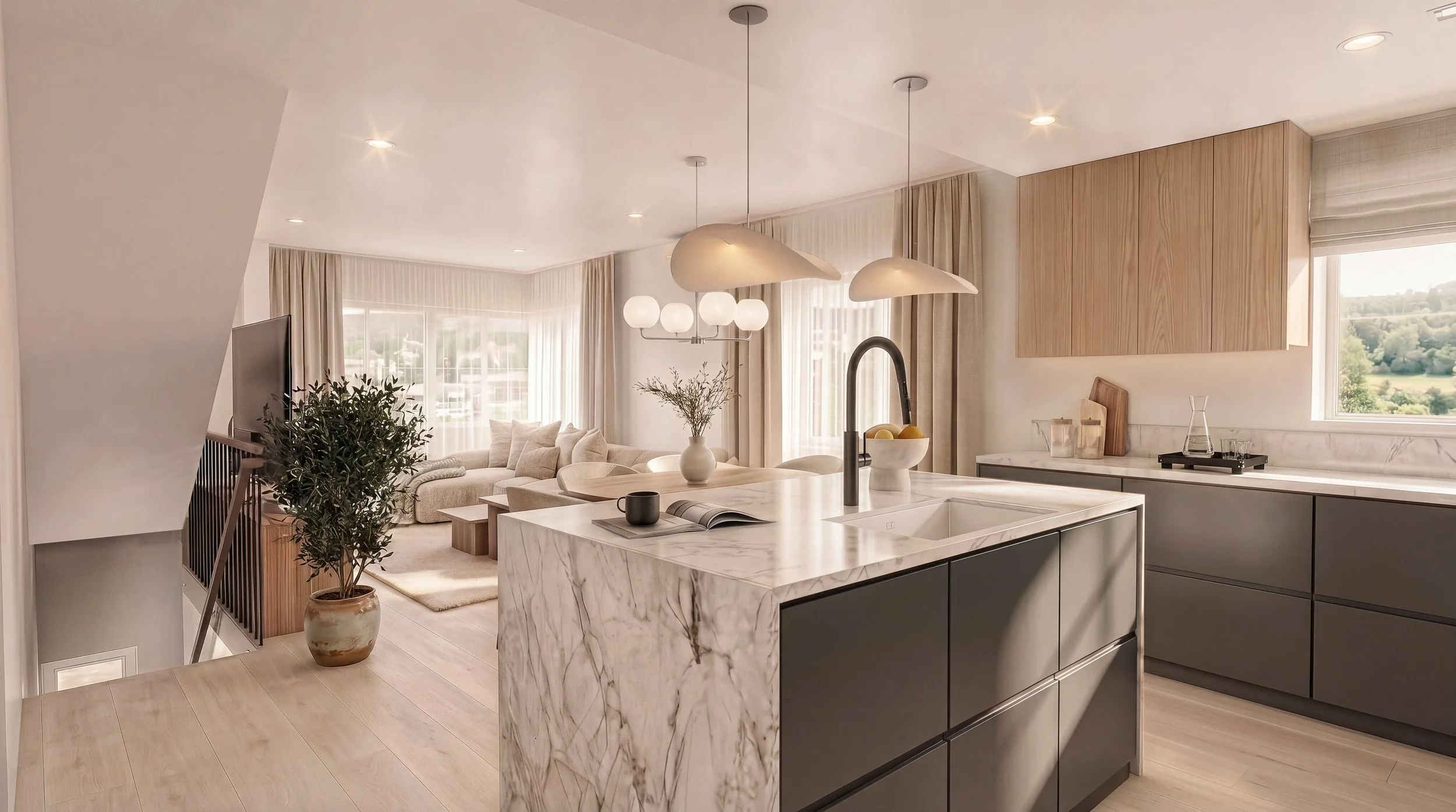 Modern open-concept living room and kitchen area with a marble kitchen island, pendant lights, a sofa with throw pillows, large windows with curtains, and decorative items on the kitchen counter.