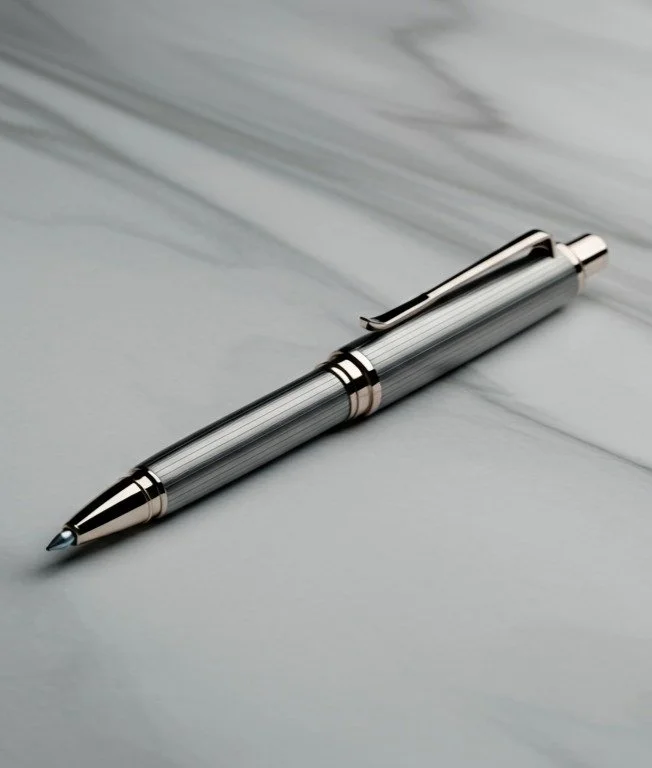 Silver pen laying on a marble table