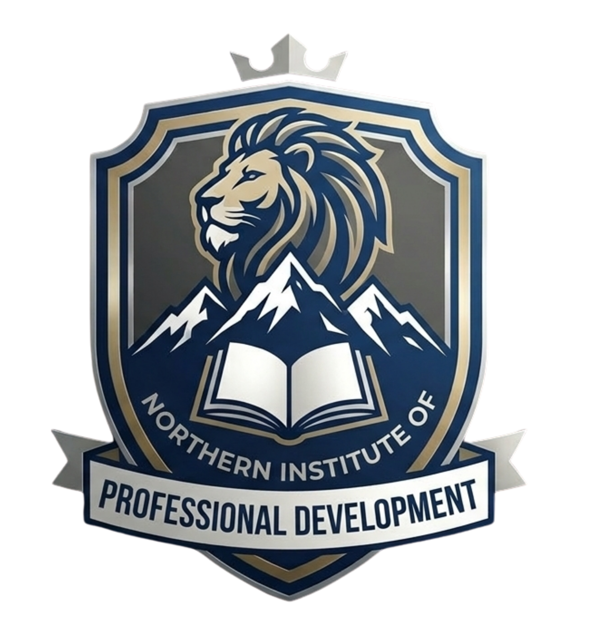 A crest with a lion's head, mountains, an open book, and a banner that reads 'Northern Institute of Professional Development'.