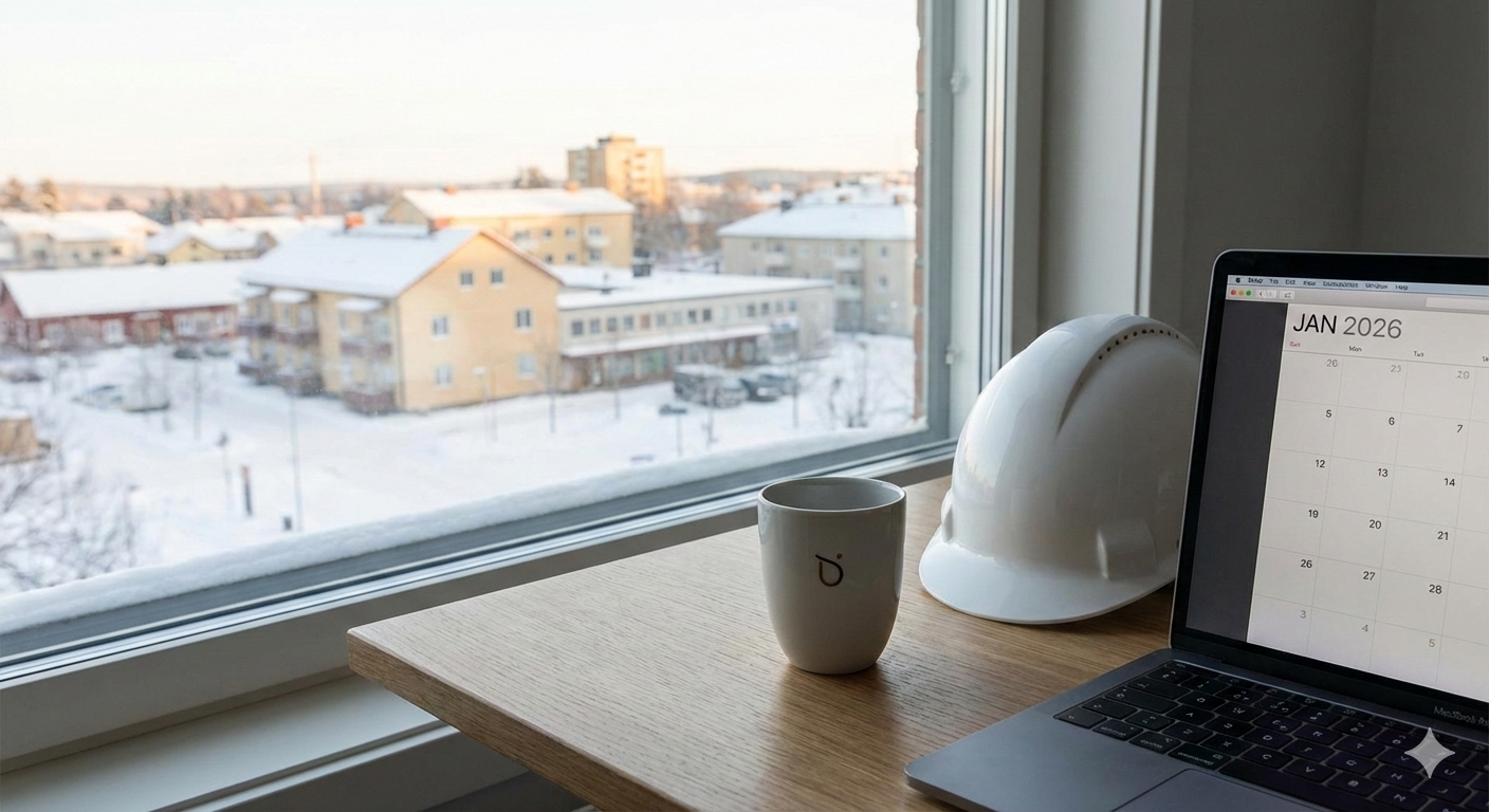 A desk with a laptop displaying a calendar for January 2026, a white safety helmet, a coffee mug with the letter D, and a window showing a snowy neighborhood with houses and cars.