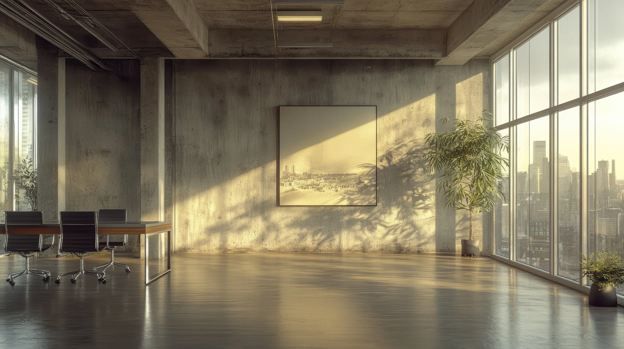 An empty modern office with large floor-to-ceiling windows showing a city skyline, a concrete wall with a framed picture, a potted plant, dark wooden floors, and a conference table with black chairs.
