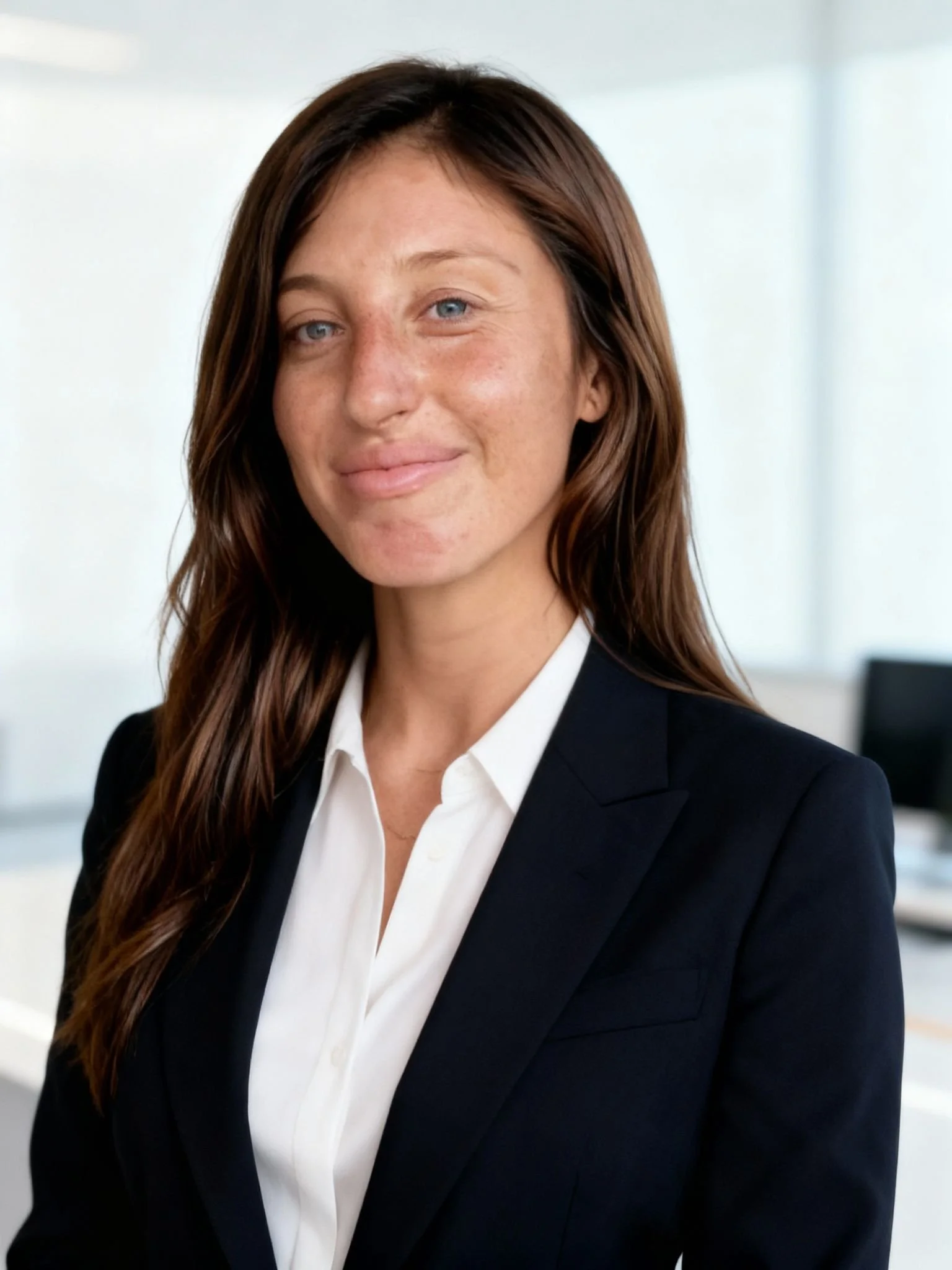 Portrait of a woman with long brown hair, blue eyes, and light skin, dressed in a navy blazer and white blouse, smiling softly in an office setting.