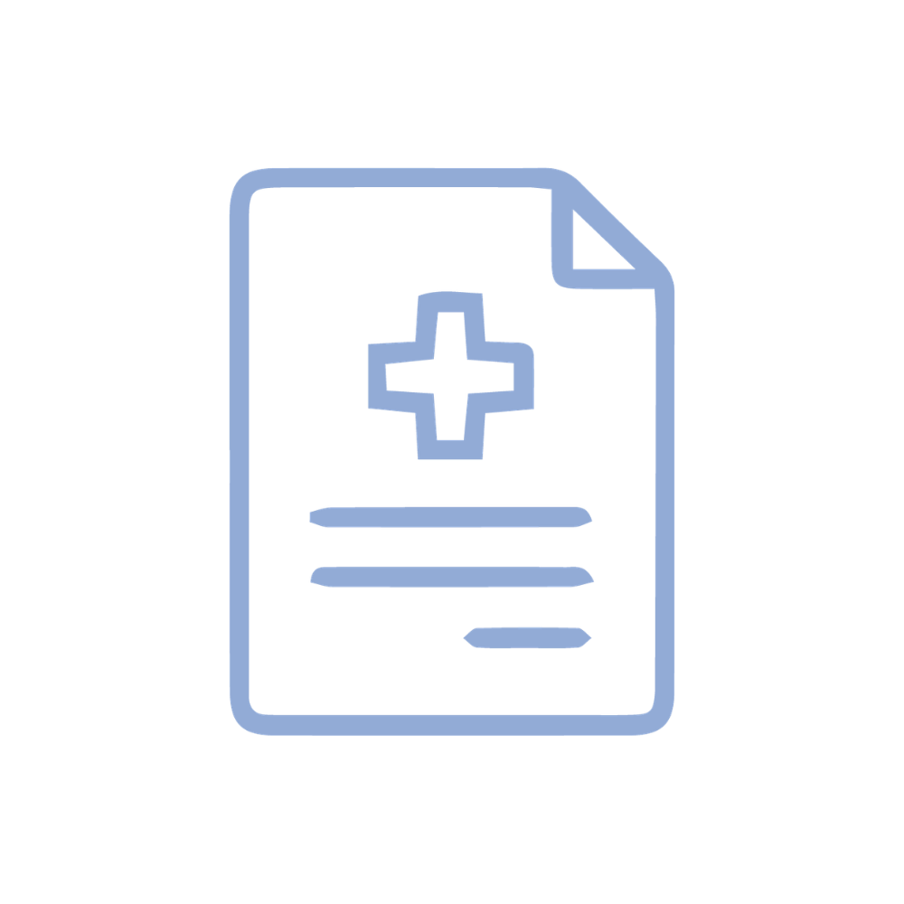 Outline icon of a medical prescription or document with a cross symbol on it.