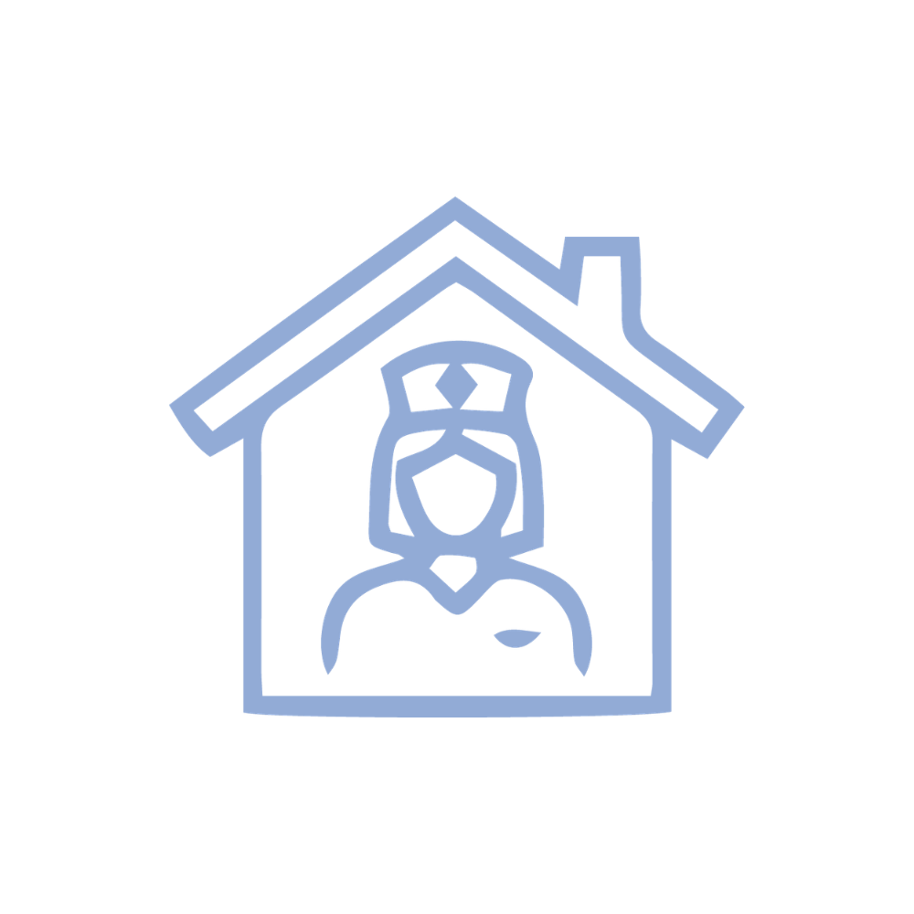 Outline of a house with a person inside, depicted in light blue lines.