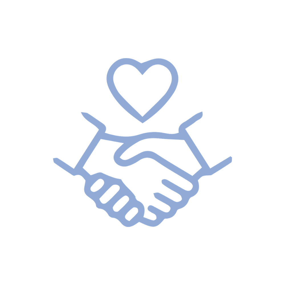 Outline of two hands shaking with a heart above them, symbolizing care or charity.