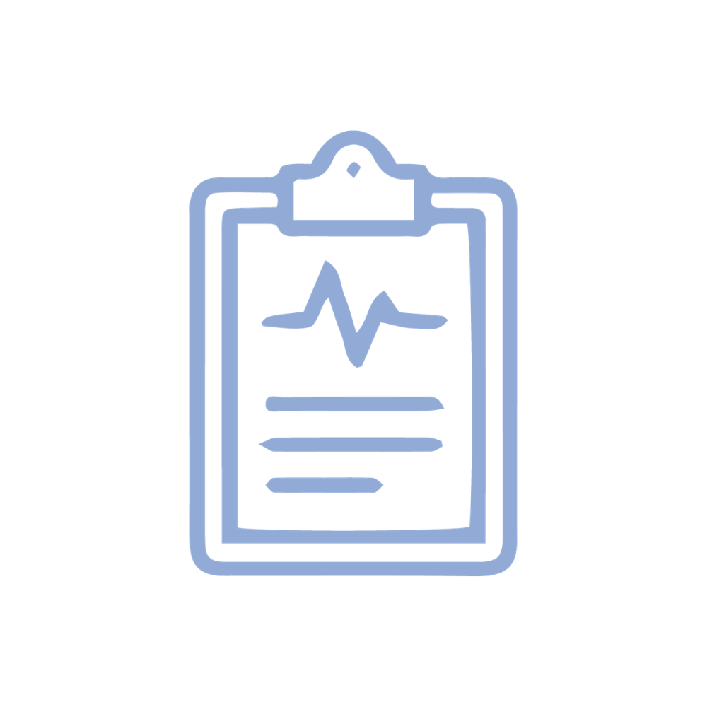Icon of a medical clipboard with a heartbeat line and text lines.