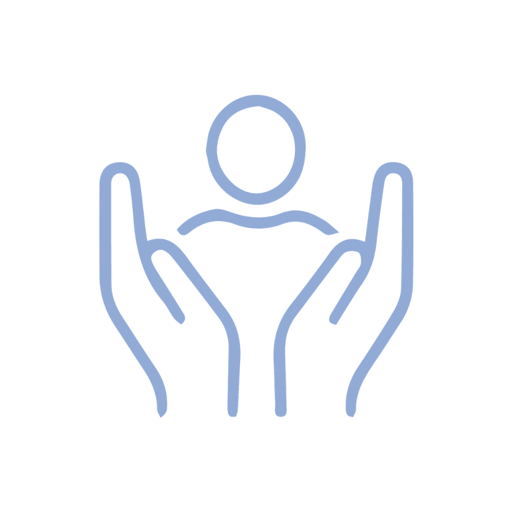 Minimalist icon of a person in a loving embrace with two hands cupping underneath, symbolizing care or support.