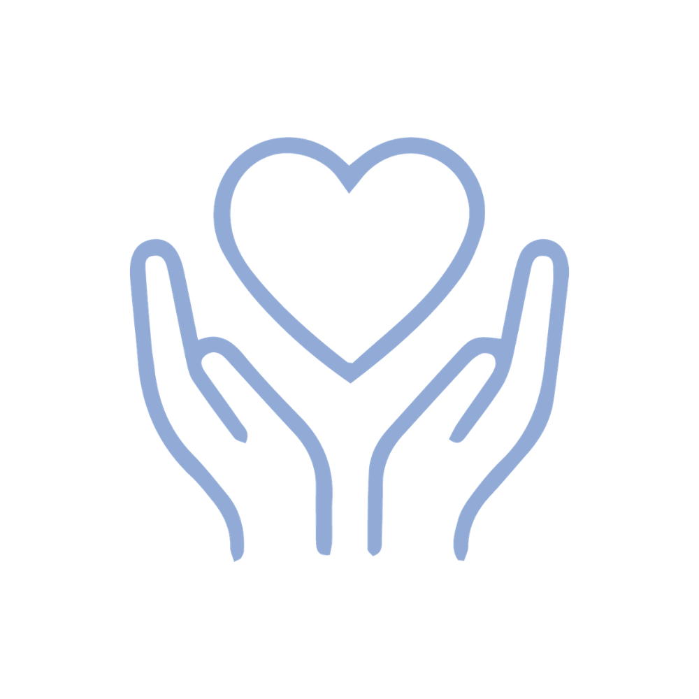 Outline illustration of two hands holding a heart, in blue lines on a black background.