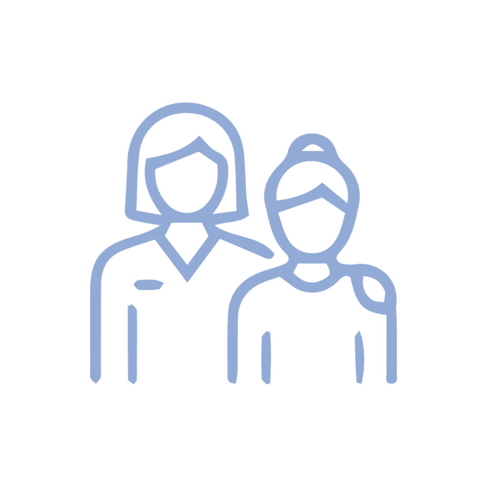 Outline drawing of two women, one with shoulder-length hair and the other with hair tied back, depicted in a simple, minimalist style.