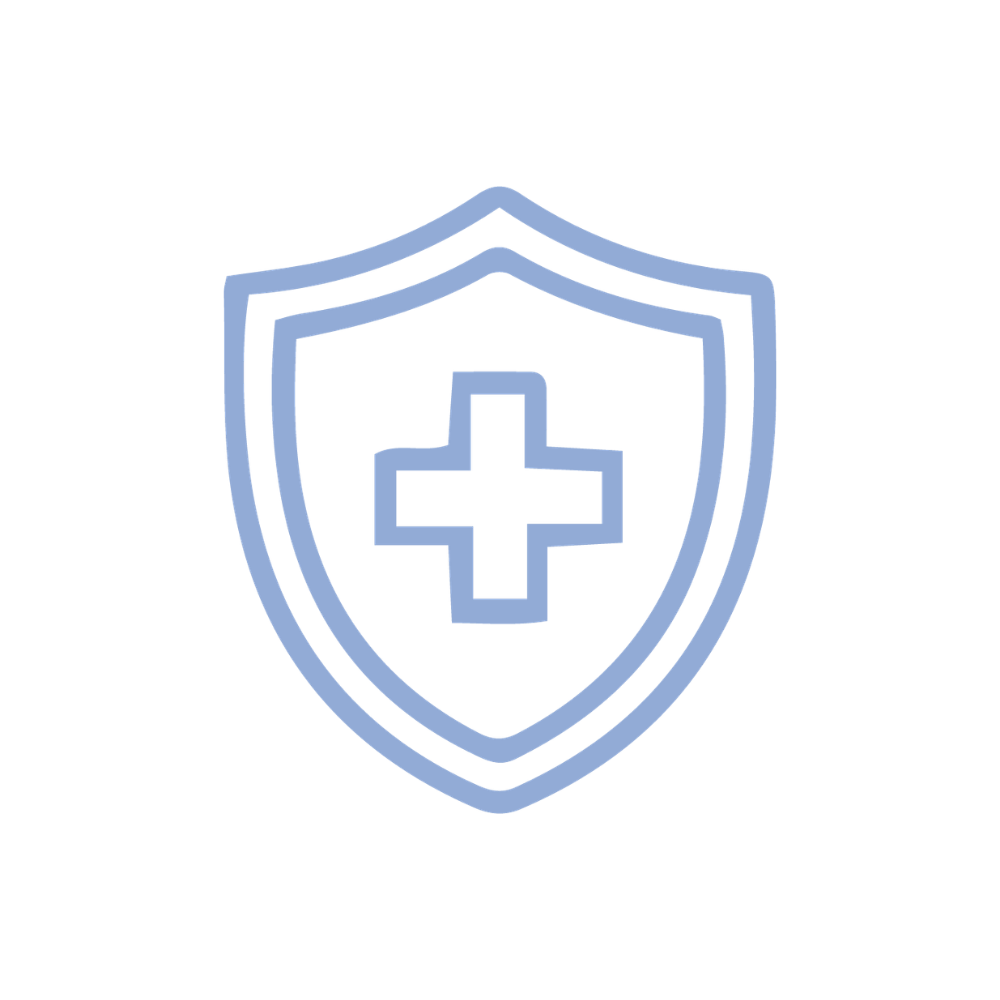 Icon of a shield with a medical cross in the center, outlined in blue.