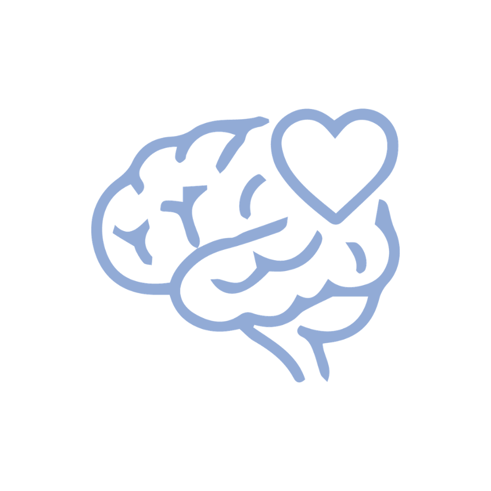 Neon outline of a brain with a heart shape above it on a black background.