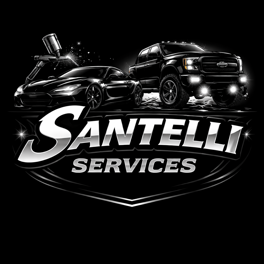 Black and white logo for Santelli Services featuring a sports car and an off-road vehicle with a spray gun above the sports car.