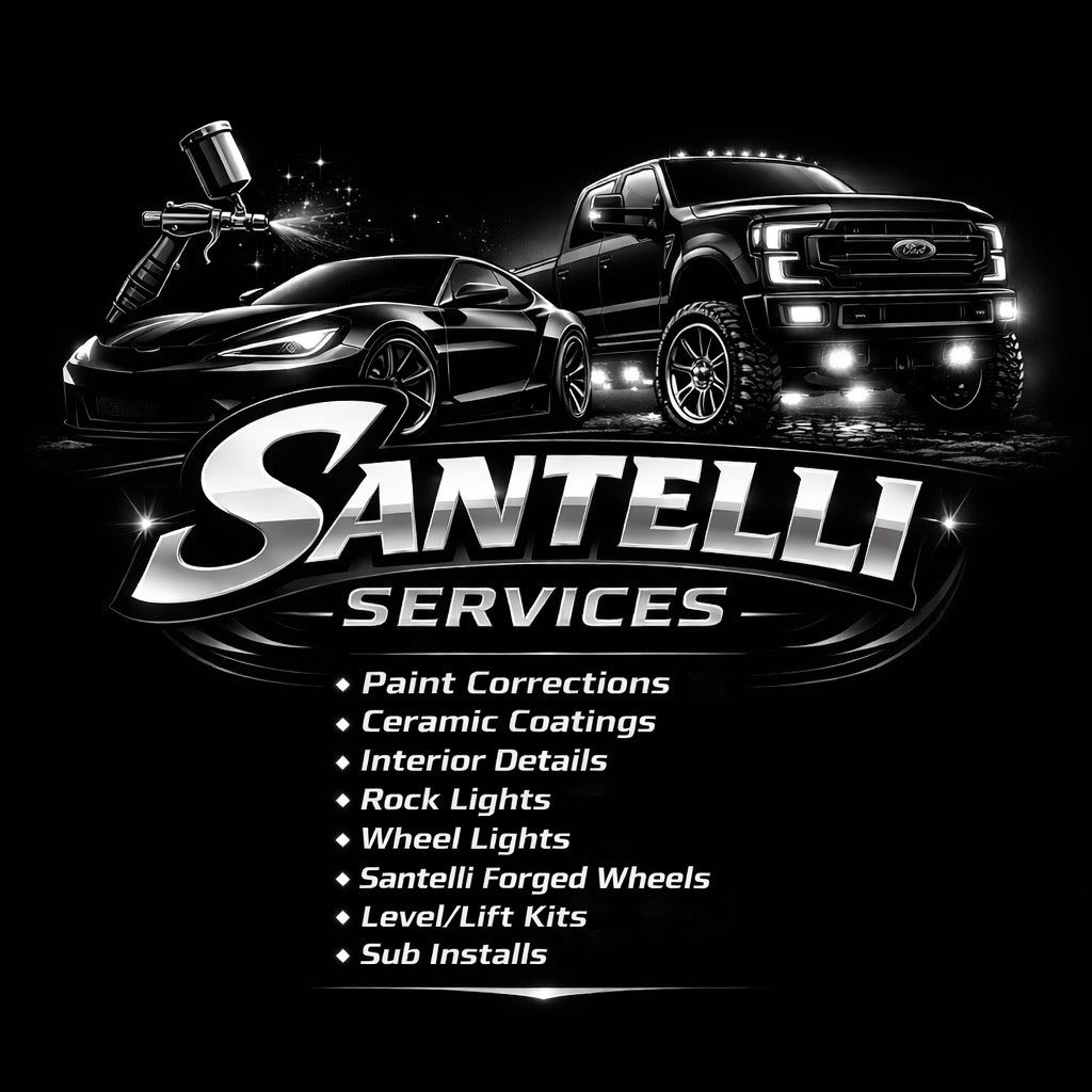 Black and white advertisement for Santelli Services with images of a sports car and a pickup truck, listing services like paint corrections, ceramic coatings, interior details, rock lights, wheel lights, forged wheels, lift kits, and sub installs.