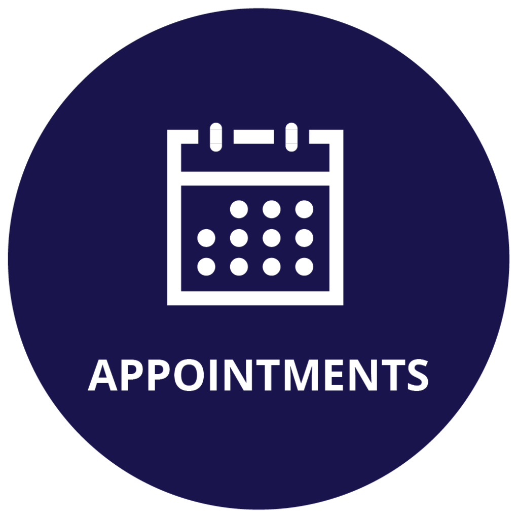 Icon of a calendar with the word 'APPOINTMENTS' below it on a dark blue circular background.