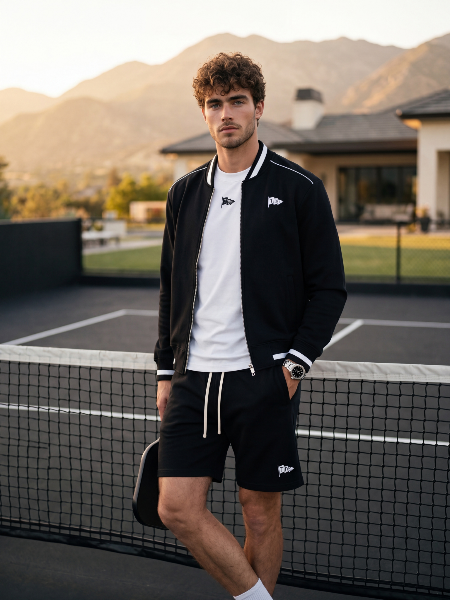 A young man with curly brown hair and light skin standing on a tennis court during sunset, wearing a black jacket with white accents, black shorts with white drawstrings, a white T-shirt, a wristwatch, and white socks.