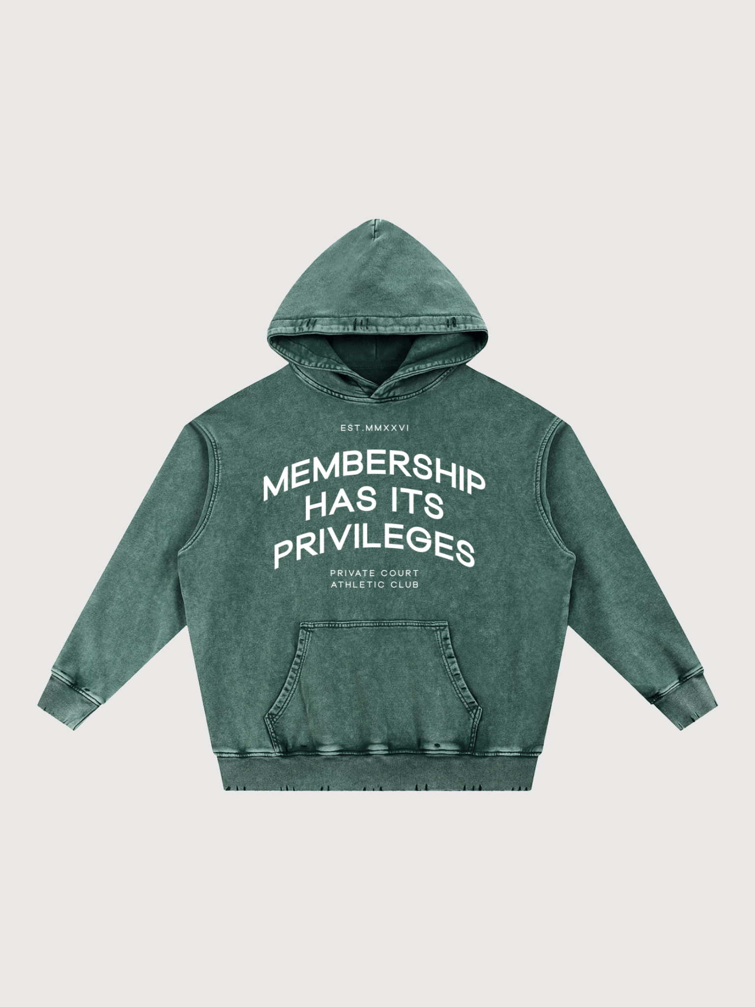 Front view of vintage green oversized pickleball hoodie with Membership Has Its Privileges graphic