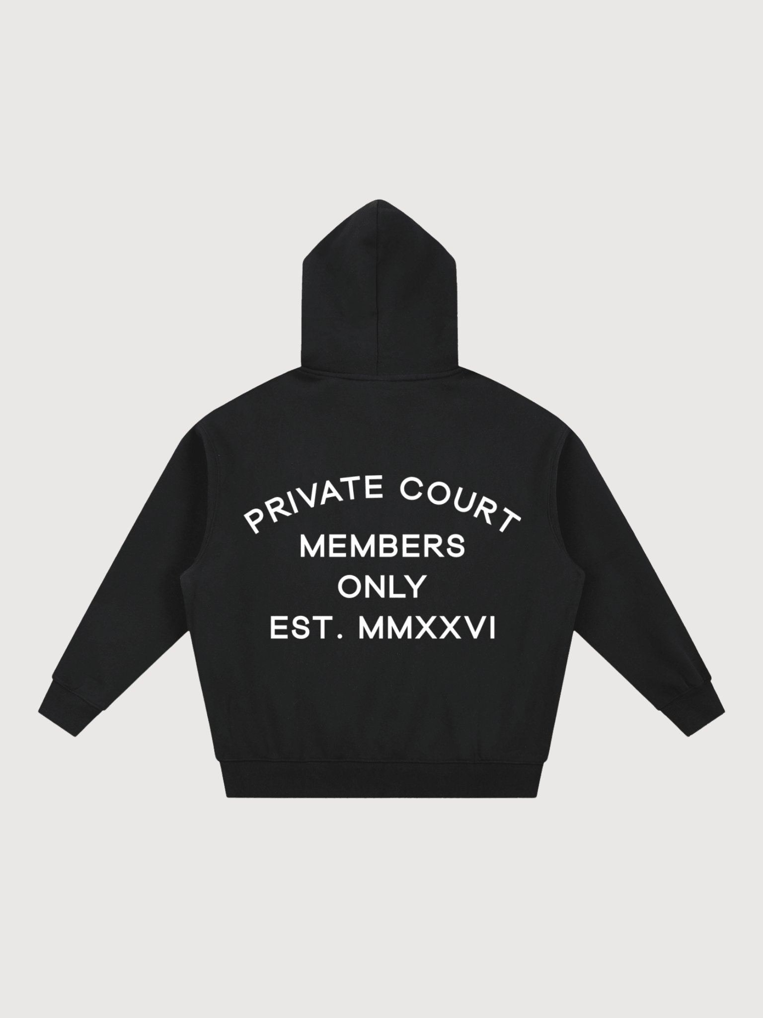 Back flat lay of black luxury pickleball hoodie featuring Private Court Members Only graphic designed for elevated court style and modern athletic fashion.