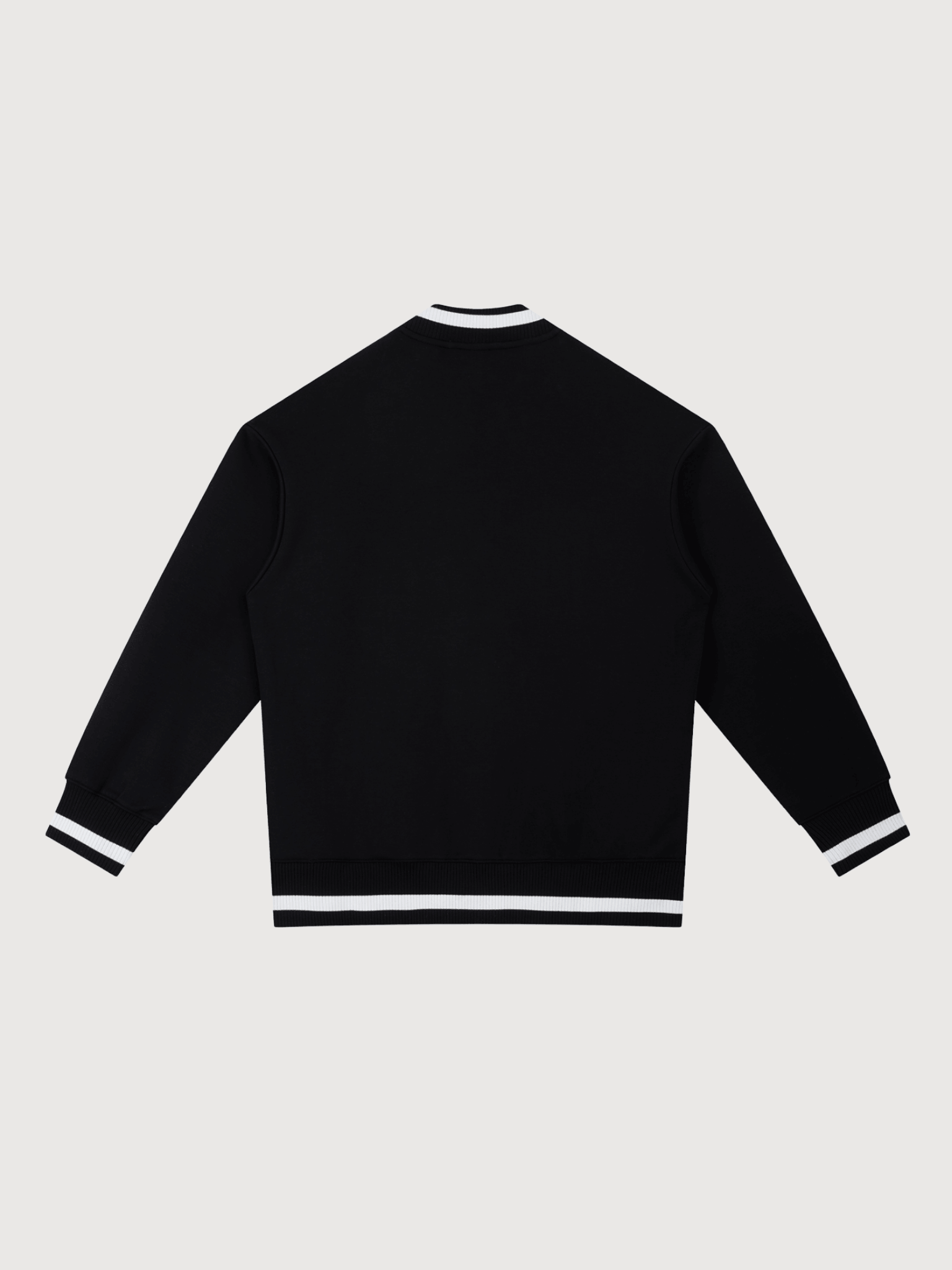 Back view of luxury black varsity jacket for men with clean athletic styling and striped rib trim by The Dinking Society.
