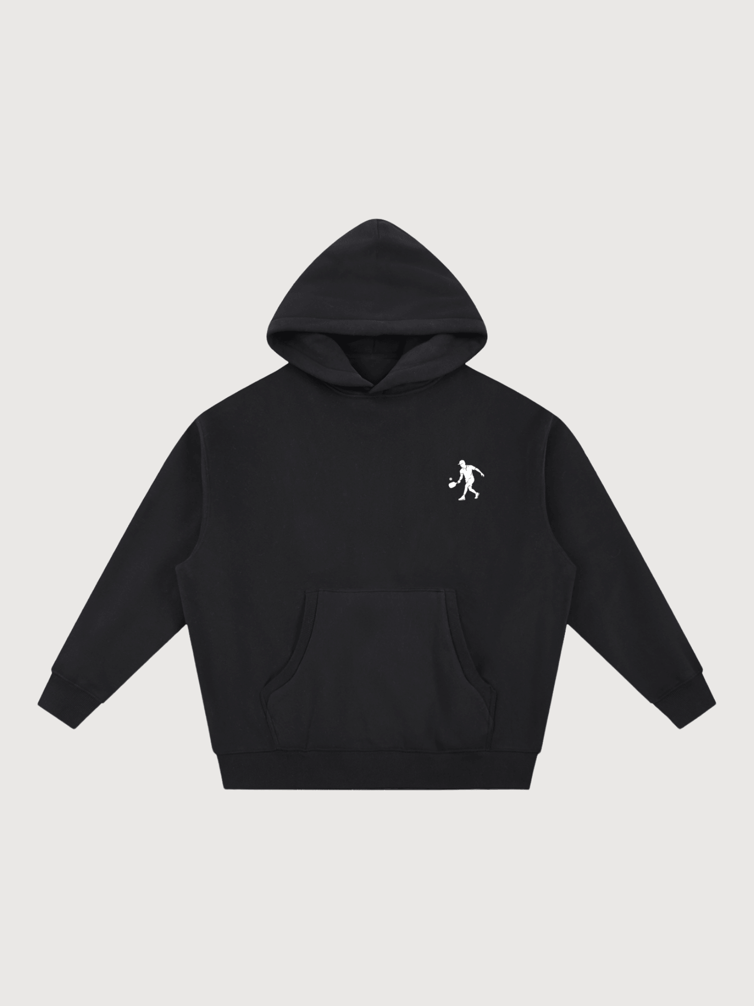 Front flat lay of black luxury pickleball hoodie with minimalist white athletic logo and oversized premium fit.