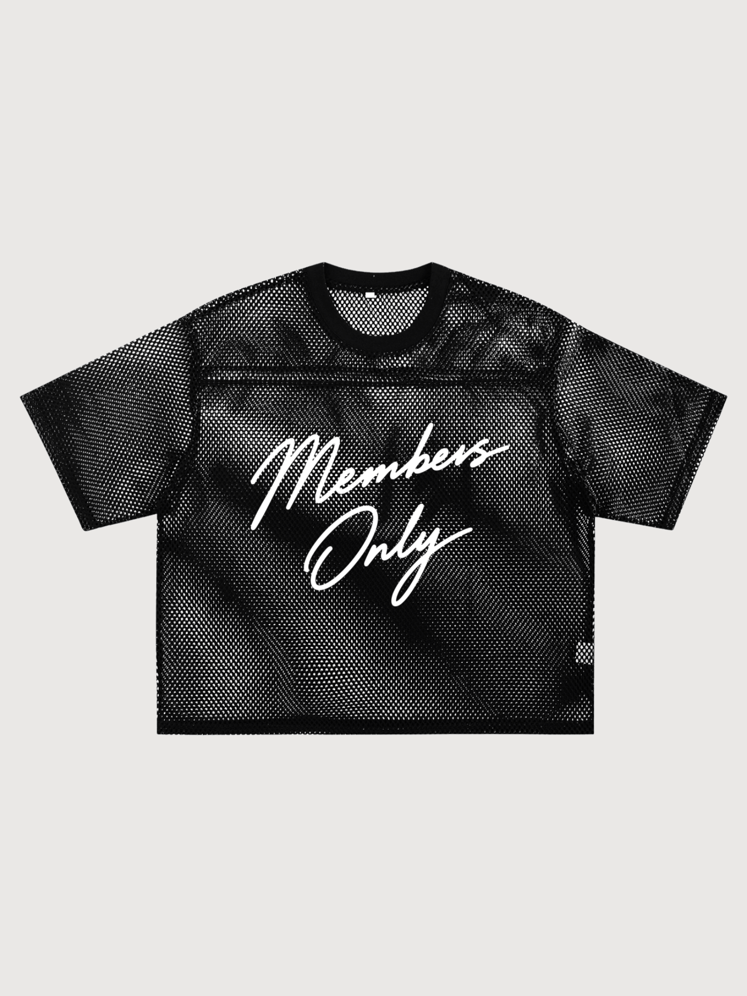 Front view of oversized black mesh pickleball shirt featuring white “Members Only” script graphic.