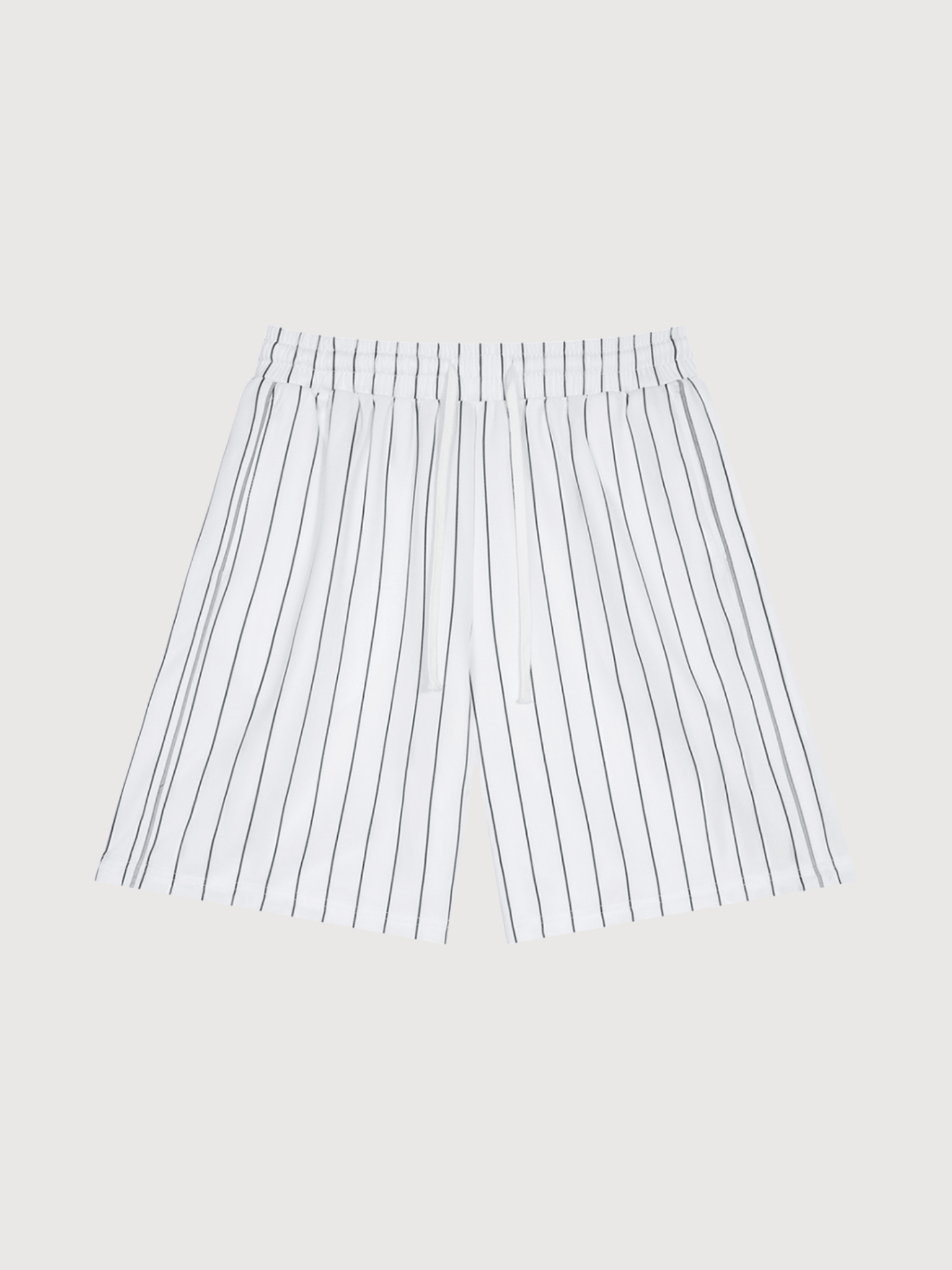 White luxury pinstripe court shorts for men with relaxed athletic fit